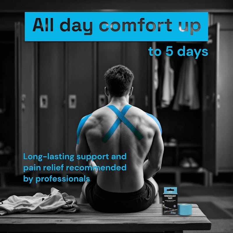 JLB Kinesiology Tape – 2 Rolls (16ft Each) – Strong Adhesion, Waterproof & Sweatproof – Latex-Free Sports Tape for Pain Relief, Muscle Support & Recovery – Physical Therapy & Athletic Tape (Blue) - Image 4